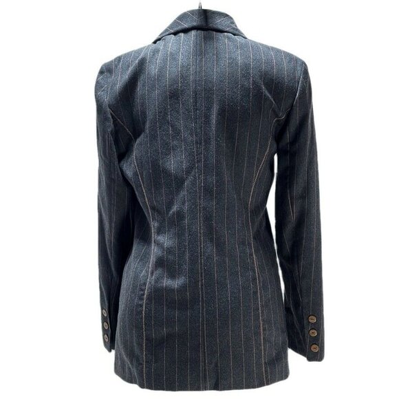 Vtg Time Collection Pinstripe Wool Blend Blazer W/ Leather Trim Pockets - Picture 7 of 11